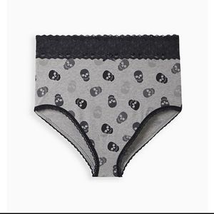 WIDE LACE TRIM HIGH WAIST CHEEKY PANTY - COTTON SKULLS GREY